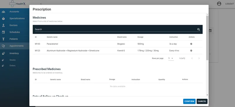 HealthX — prescription dialog listing medicines, dosage, and instructions