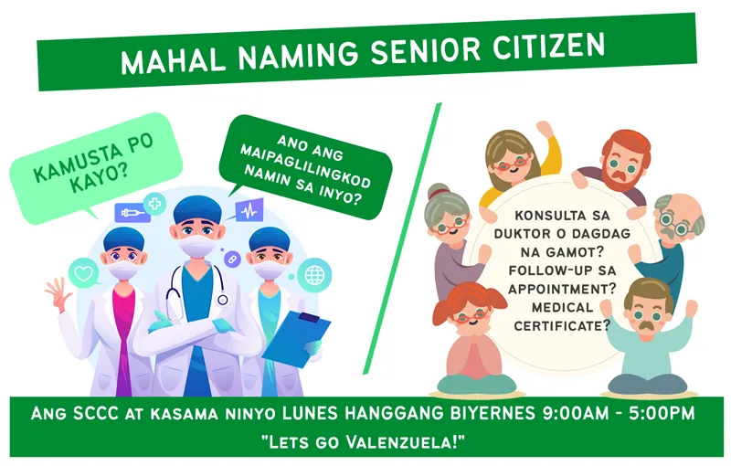 SCCC campaign poster — 'Mahal Naming Senior Citizen', clinic hours and services in Filipino